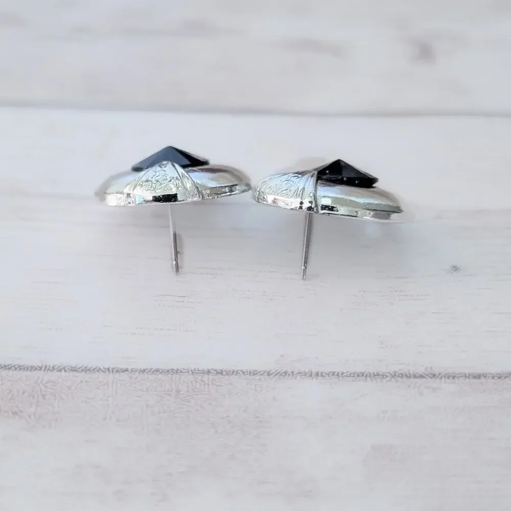Vintage Stud Earrings Silver Tone with Faceted Black Gem